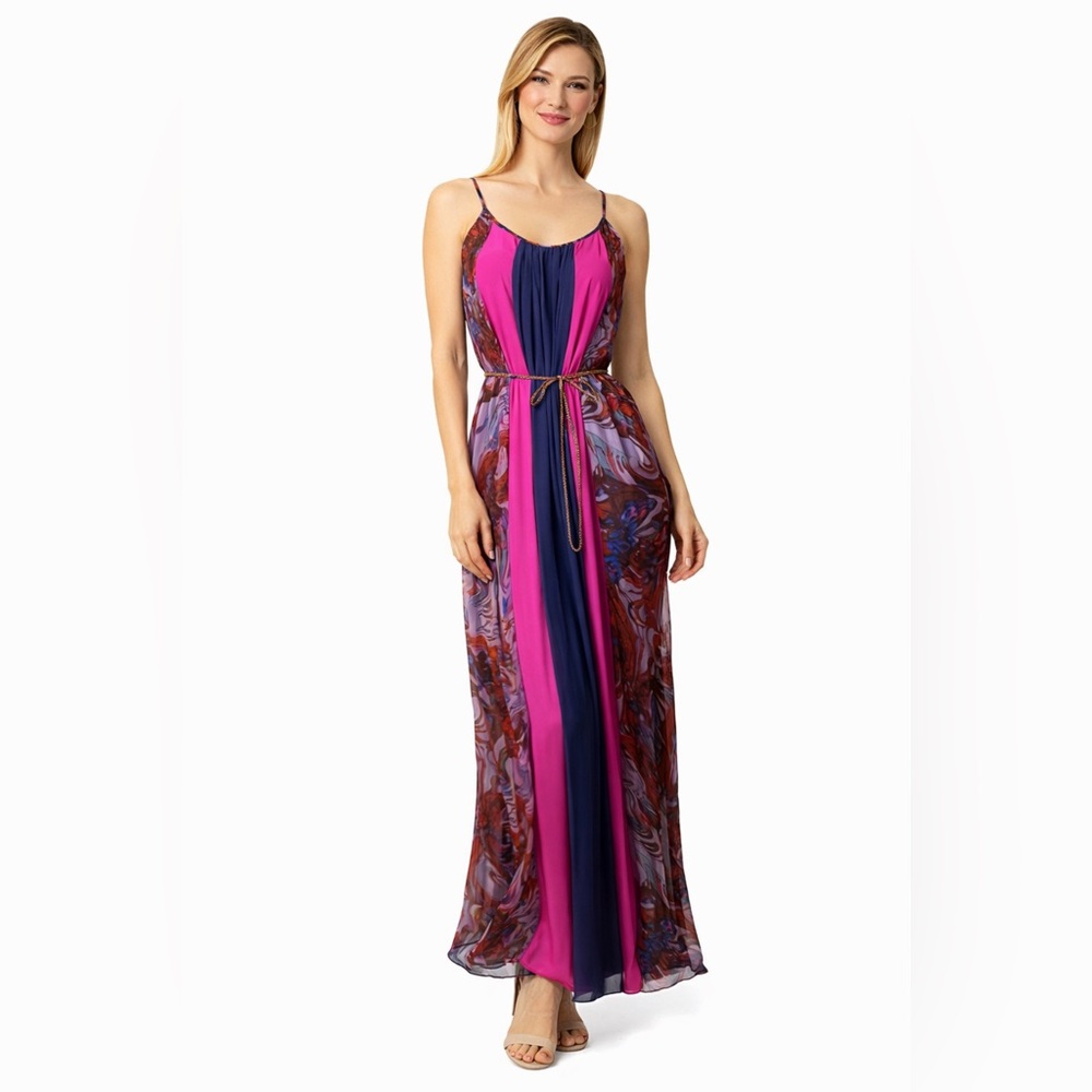 Ella Moss Silk Maxi Dress M Medium Tiered Sleeveless Flowy Pinks Purples Belted